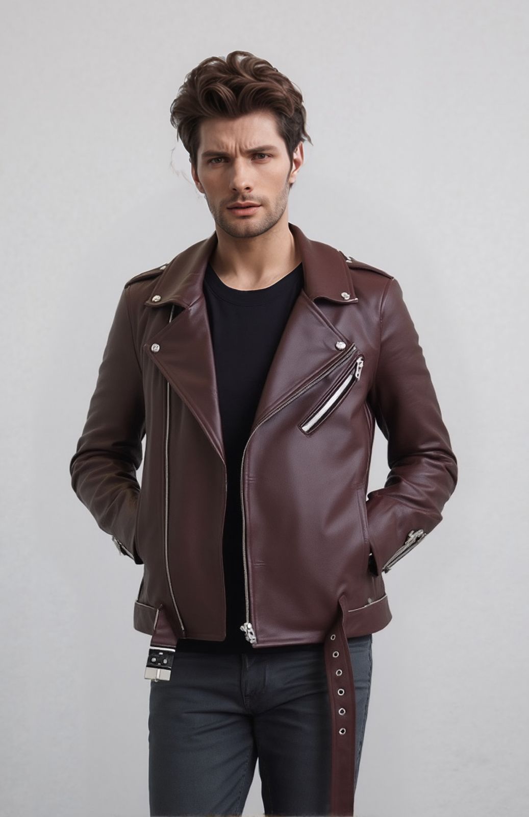 Jaqueta de Couro Bovino Legitimo Modelo Rock Marrom Classic