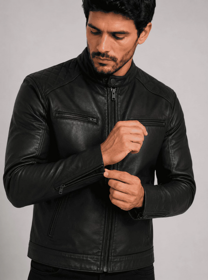 Jaqueta Estilo Biker Premium Masculina de Couro Legítimo Preta