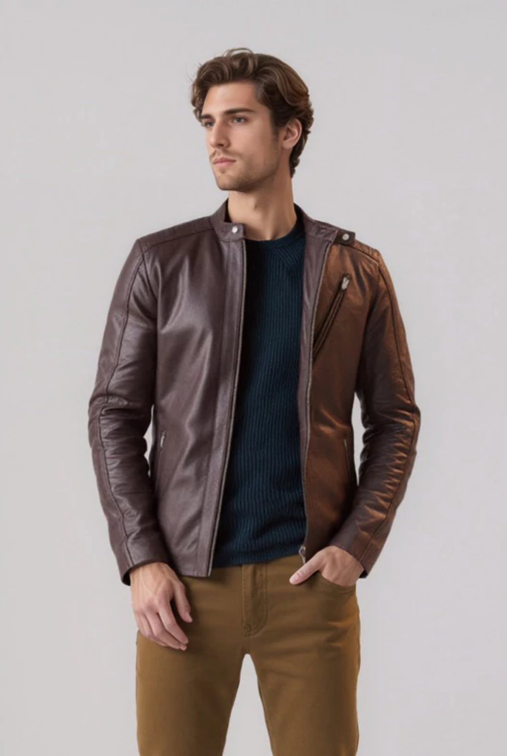 Jaqueta De Couro Bovino Legítimo Masculina Slim Marrom