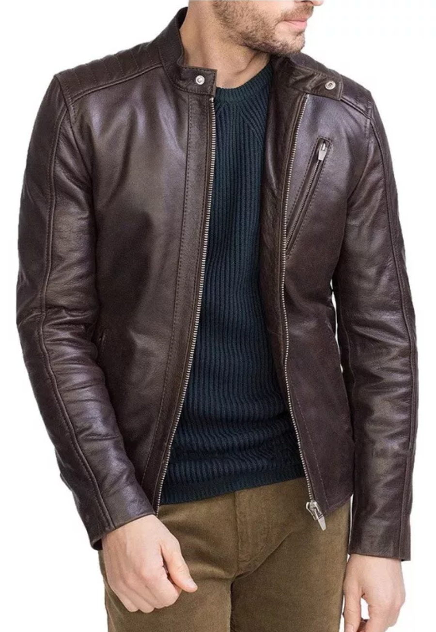 Jaqueta De Couro Bovino Legítimo Masculina Slim Marrom