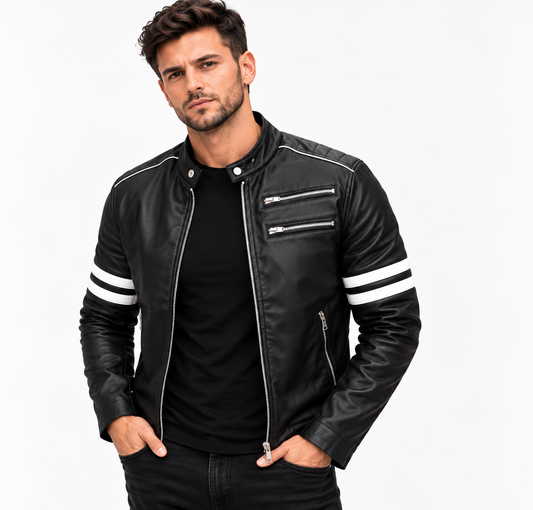 Jaqueta de Couro Masculina Preta Modelo Nico - com Listras Brancas