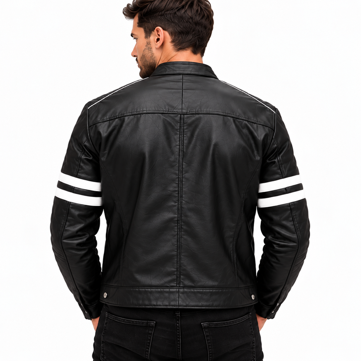 Jaqueta de Couro Masculina Preta Modelo Nico - com Listras Brancas