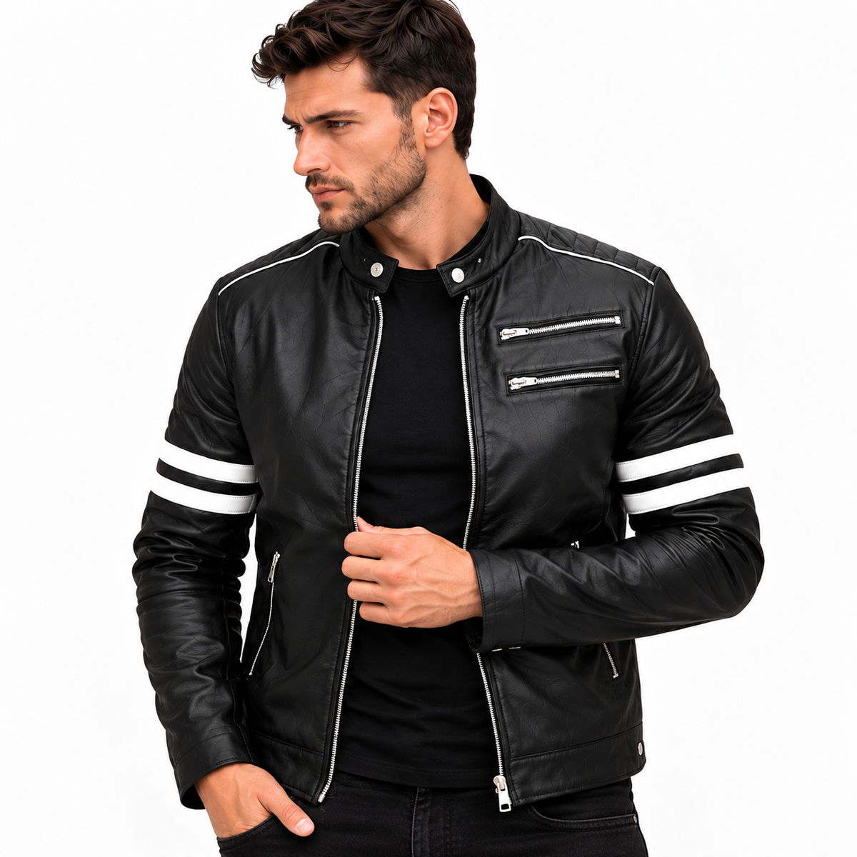 Jaqueta de Couro Masculina Preta Modelo Nico - com Listras Brancas