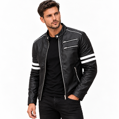 Jaqueta de Couro Masculina Preta Modelo Nico - com Listras Brancas