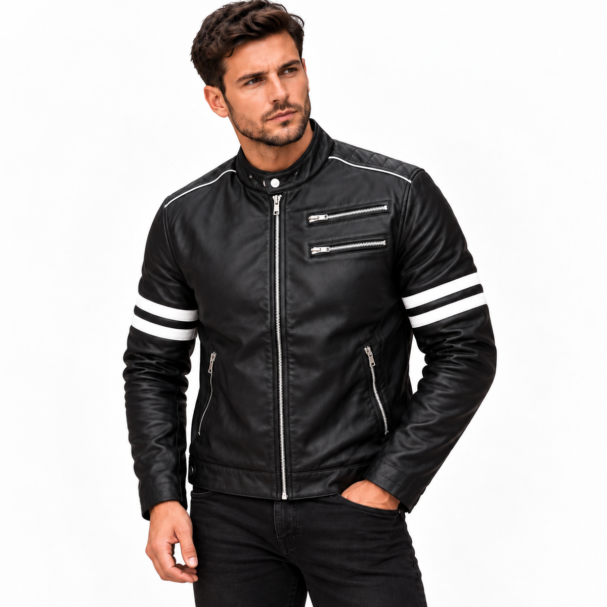 Jaqueta de Couro Masculina Preta Modelo Nico - com Listras Brancas