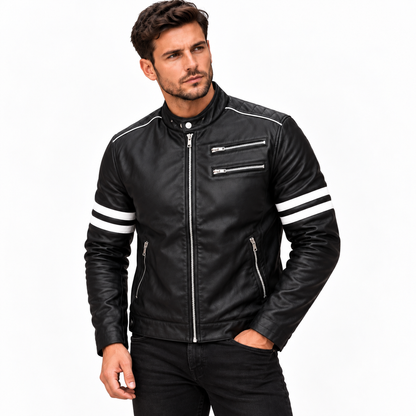 Jaqueta de Couro Masculina Preta Modelo Nico - com Listras Brancas