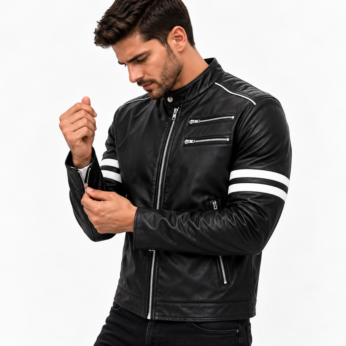 Jaqueta de Couro Masculina Preta Modelo Nico - com Listras Brancas