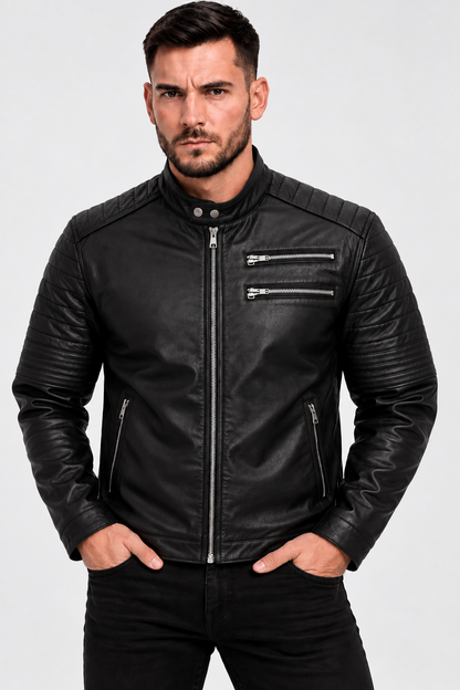 Jaqueta Masculina Couro Legítimo Preta Motoqueiro Nico