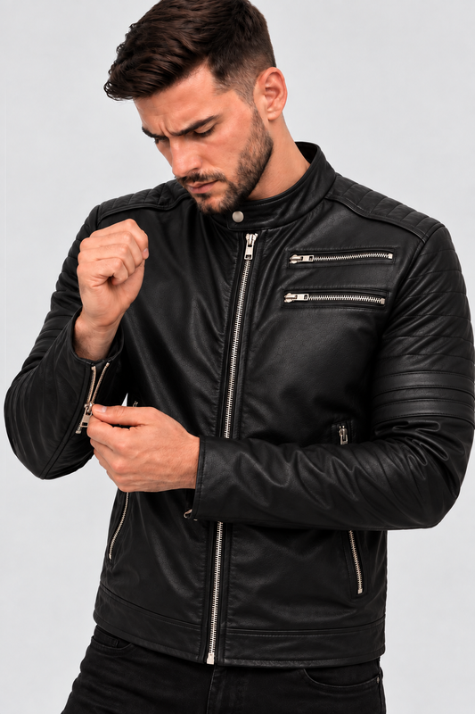 Jaqueta Masculina Couro Legítimo Preta Motoqueiro Nico