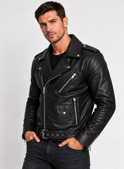 Jaqueta de Couro Bovino Modelo Rock com Botão Frontal