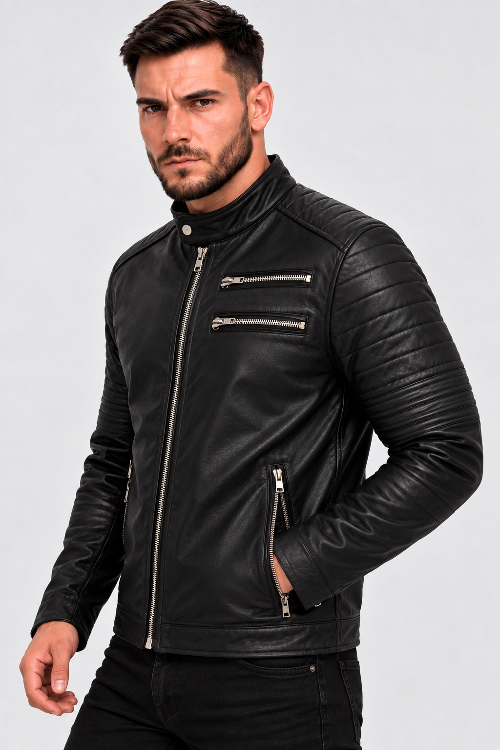 Jaqueta Masculina Couro Legítimo Preta Motoqueiro Nico