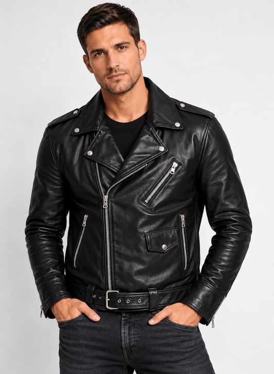 Jaqueta de Couro Bovino Modelo Rock com Botão Frontal