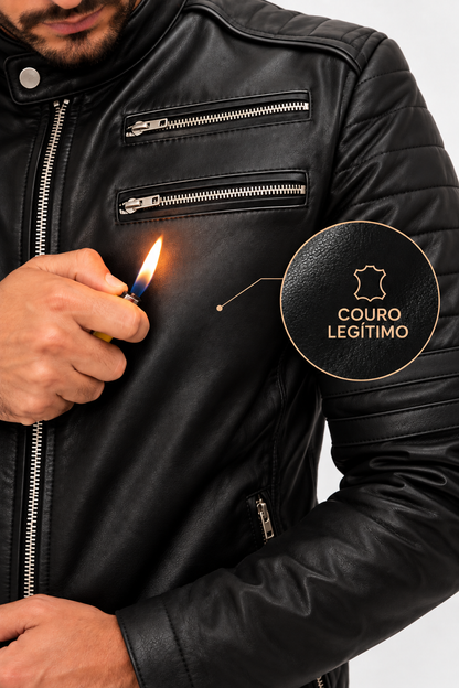 Jaqueta Masculina Couro Legítimo Preta Motoqueiro Nico