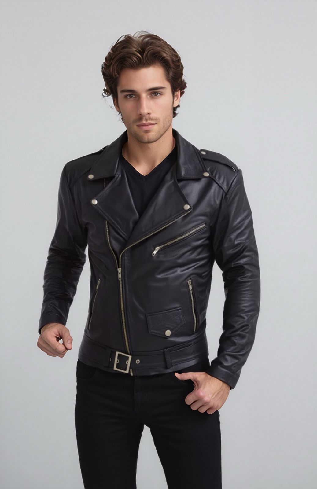 Jaqueta de Couro Bovino Legitimo Modelo Rock Black