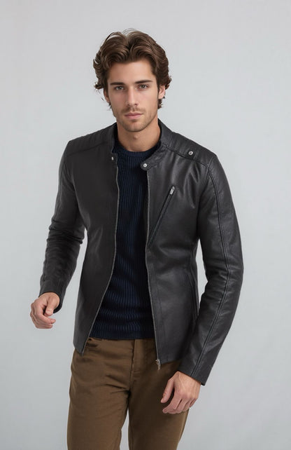 Jaqueta De Couro Bovino Legítimo Masculina Slim Preta