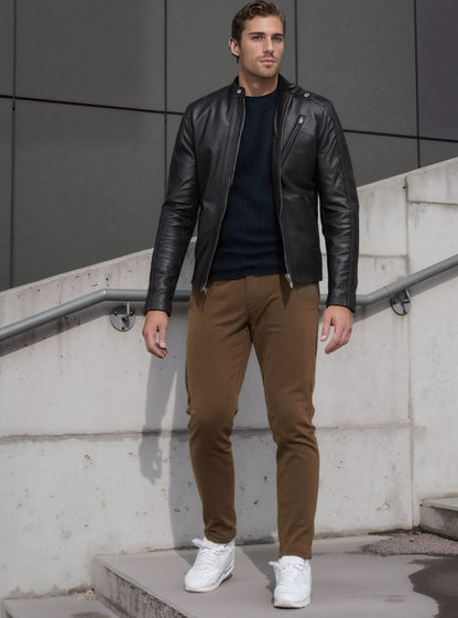 Jaqueta De Couro Bovino Legítimo Masculina Slim Preta