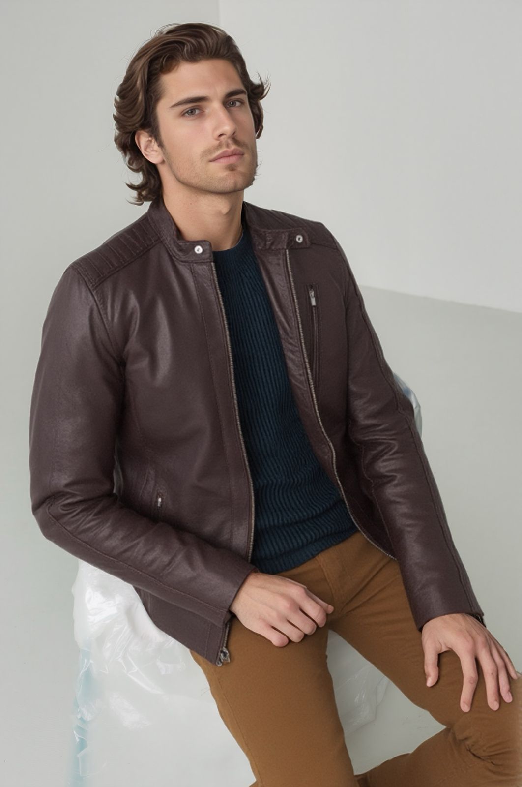 Jaqueta De Couro Bovino Legítimo Masculina Slim Marrom