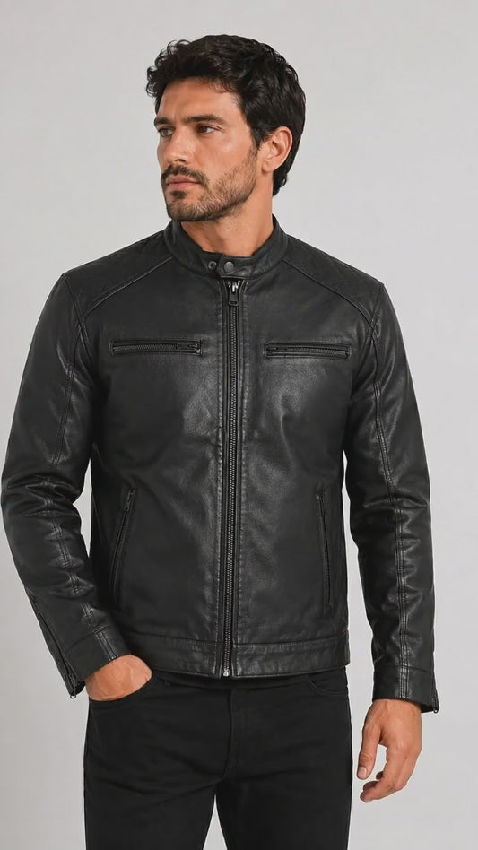 Jaqueta Estilo Biker Premium Masculina de Couro Legítimo Preta