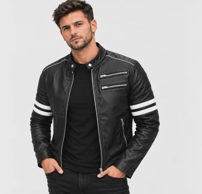 Jaqueta de Couro Masculina Preta Modelo Nico - com Listras Brancas